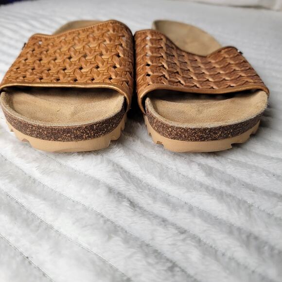 Woven Slide Sandals 7.5 Boho Cottagecore Cork Footbed Tan Leather Mules - Picture 4 of 6